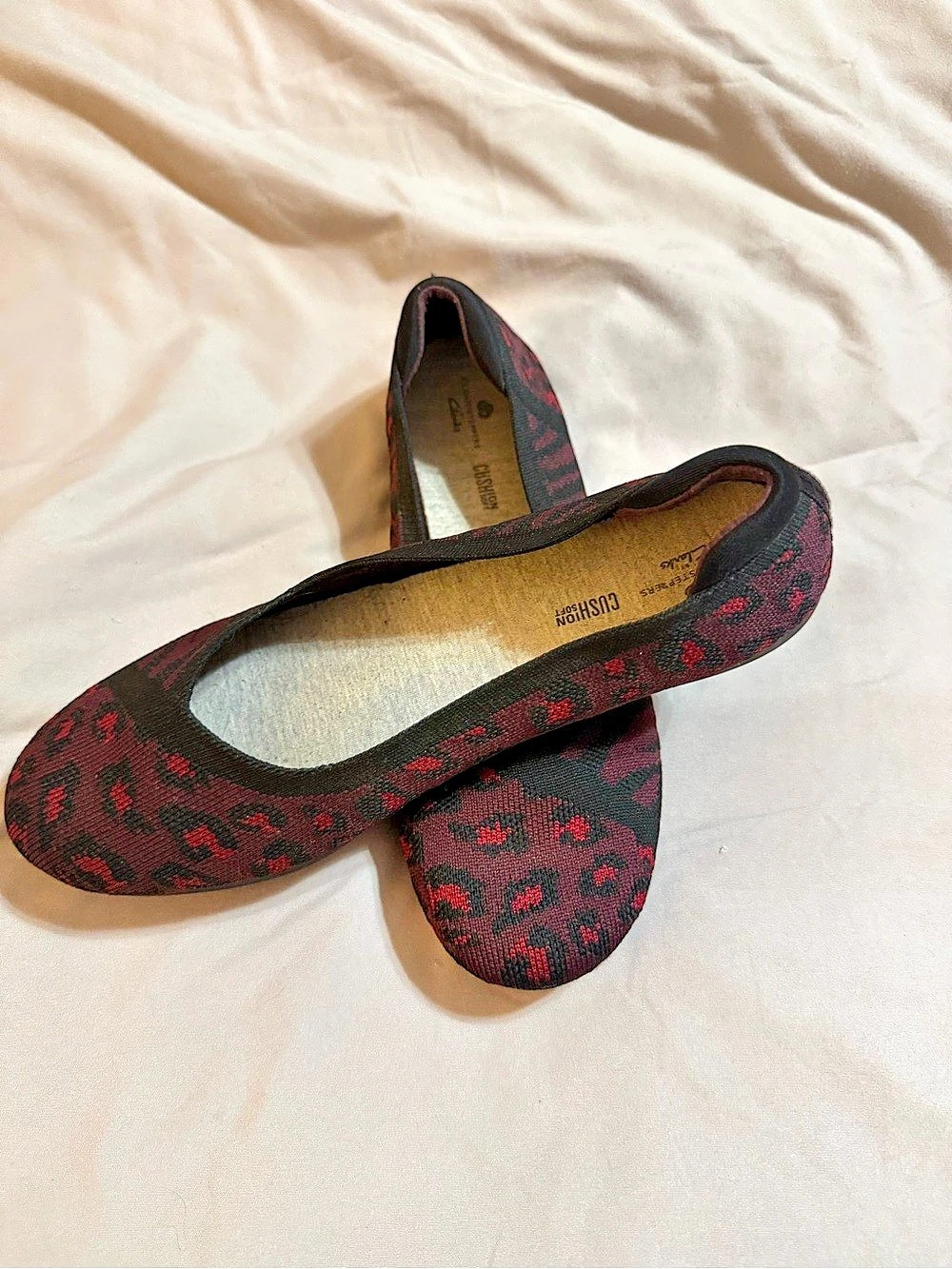 Clark’s Animal Print Flats in Black & maroon